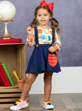 Girls Apple Print Top and Suspender Skirt Set