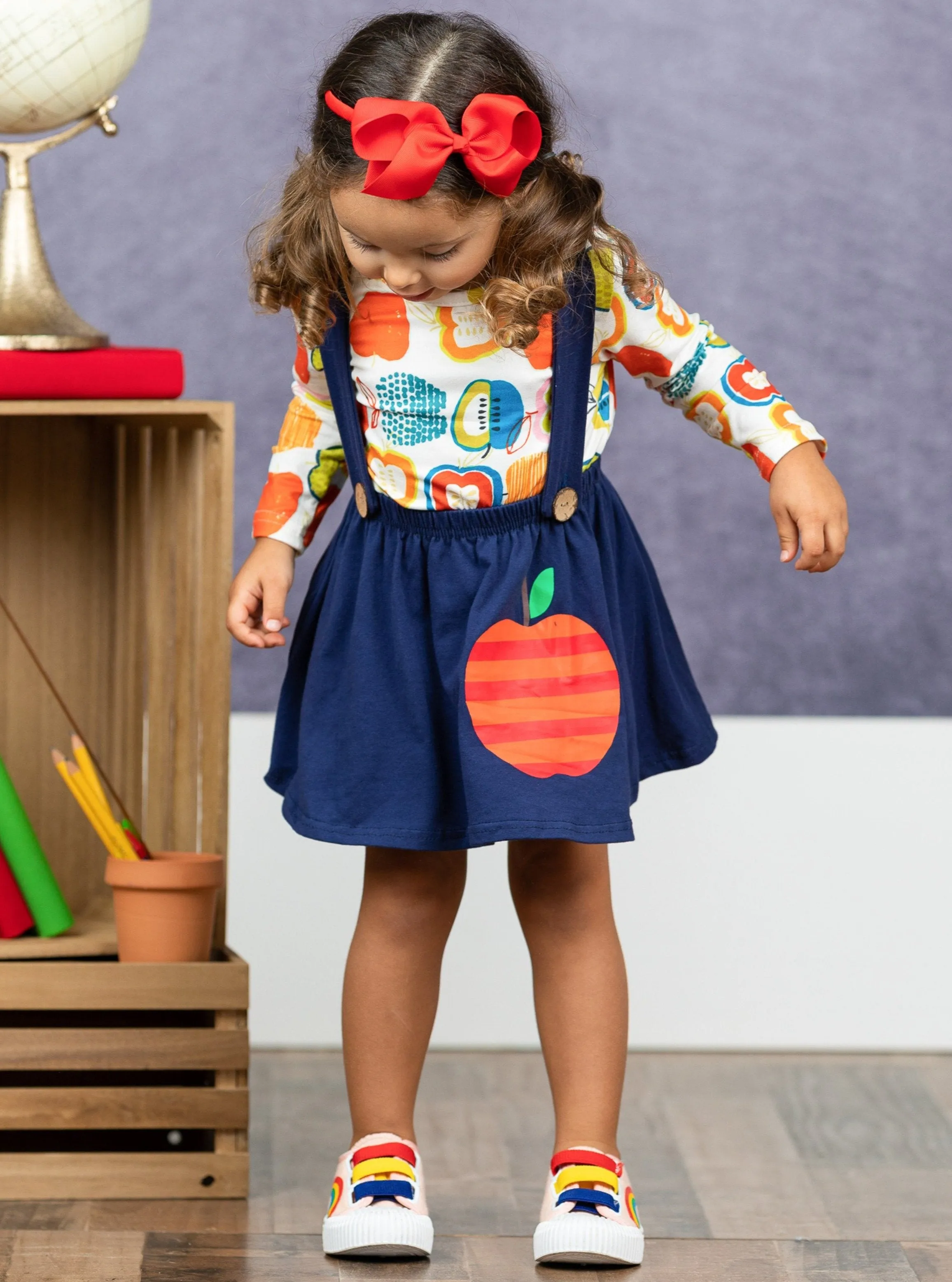 Girls Apple Print Top and Suspender Skirt Set