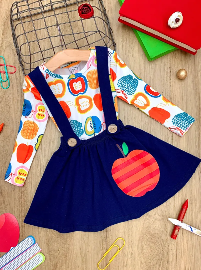 Girls Apple Print Top and Suspender Skirt Set