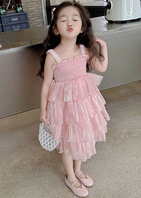 Handmade Pink Ruffled Patchwork Tulle Baby Girls Dresses Sleeveless LY5468