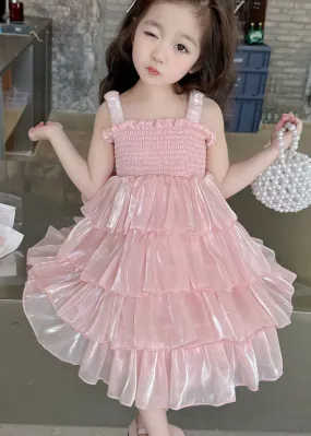 Handmade Pink Ruffled Patchwork Tulle Baby Girls Dresses Sleeveless LY5468