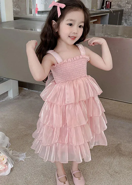 Handmade Pink Ruffled Patchwork Tulle Baby Girls Dresses Sleeveless LY5468