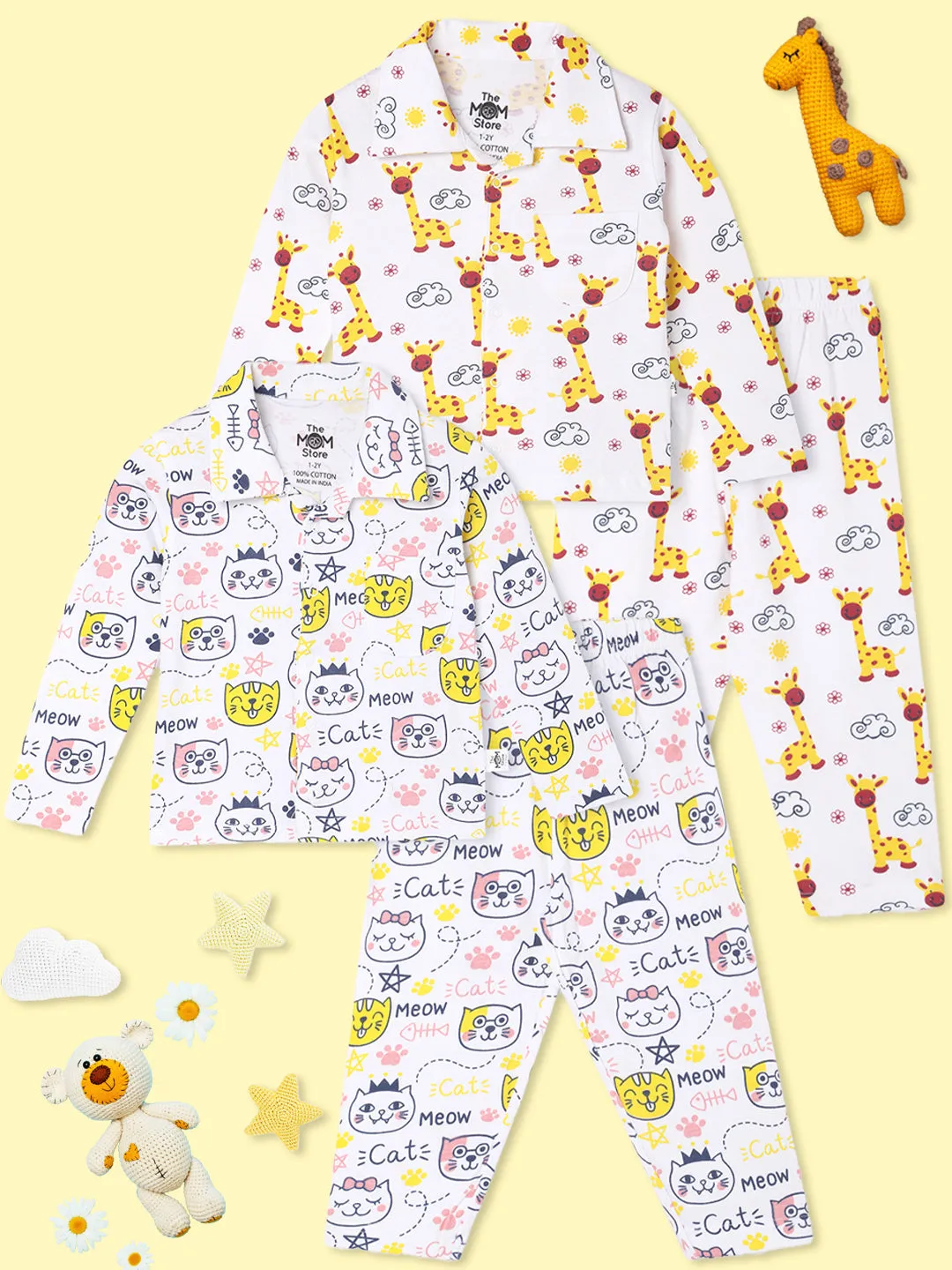 Kids Pajama Set Combo of 2 - Tall as a Giraffe & Meow Meow