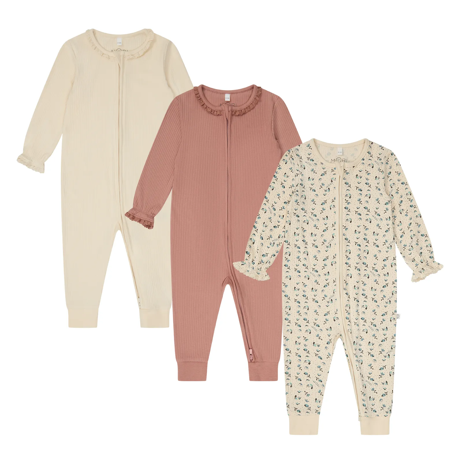 Lace Trim & Floral Ribbed Clever Zip Baby Pajamas 3 Pack