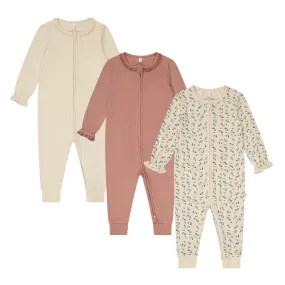 Lace Trim & Floral Ribbed Clever Zip Baby Pajamas 3 Pack