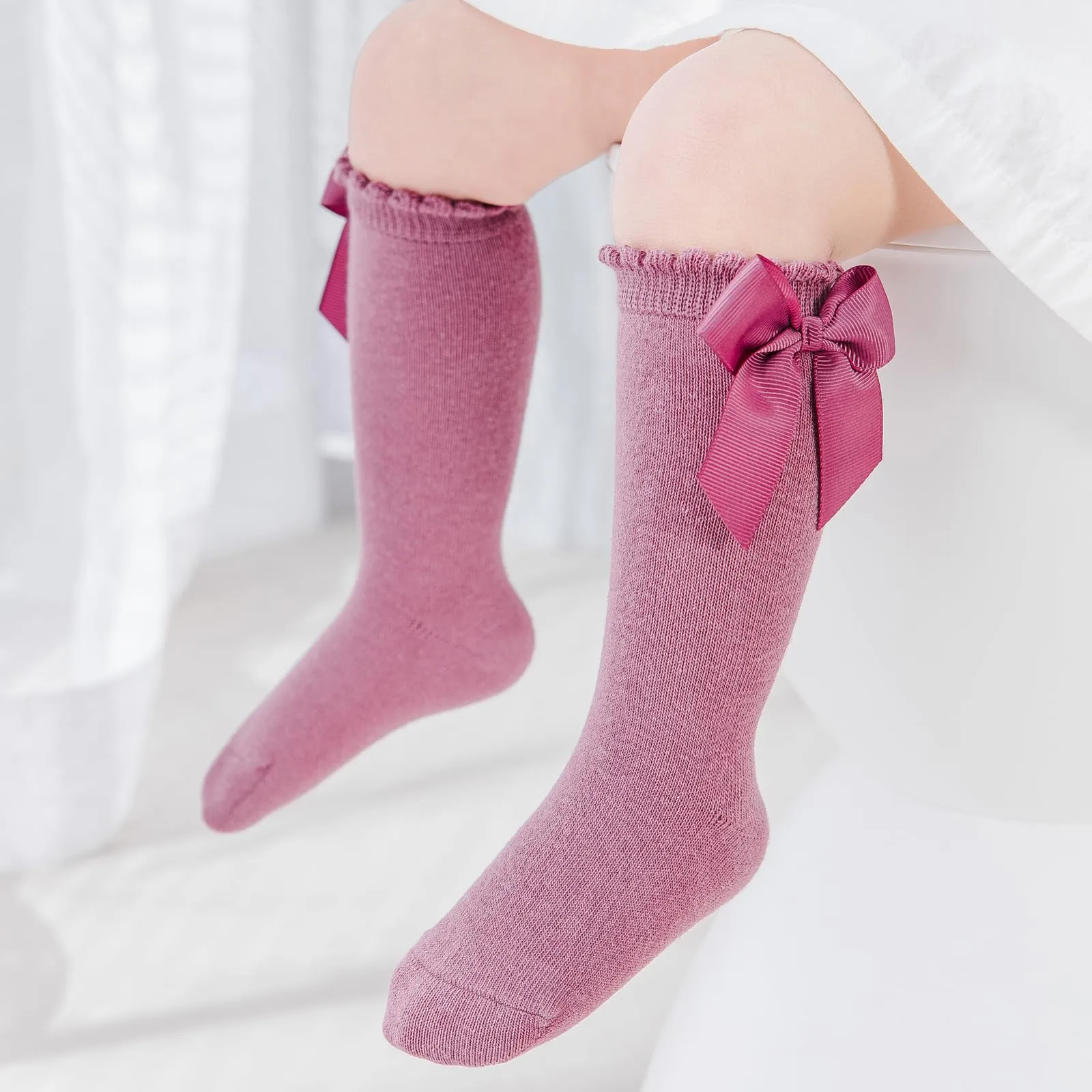 Mini angel Baby Knee High Socks Toddler Long Socks Girls Bow Ruffled Knee Socks Cotton Tube Stockings Infant Dress Socks, 12-24 Months (White, 2 Pairs)