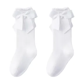 Mini angel Baby Knee High Socks Toddler Long Socks Girls Bow Ruffled Knee Socks Cotton Tube Stockings Infant Dress Socks, 12-24 Months (White, 2 Pairs)