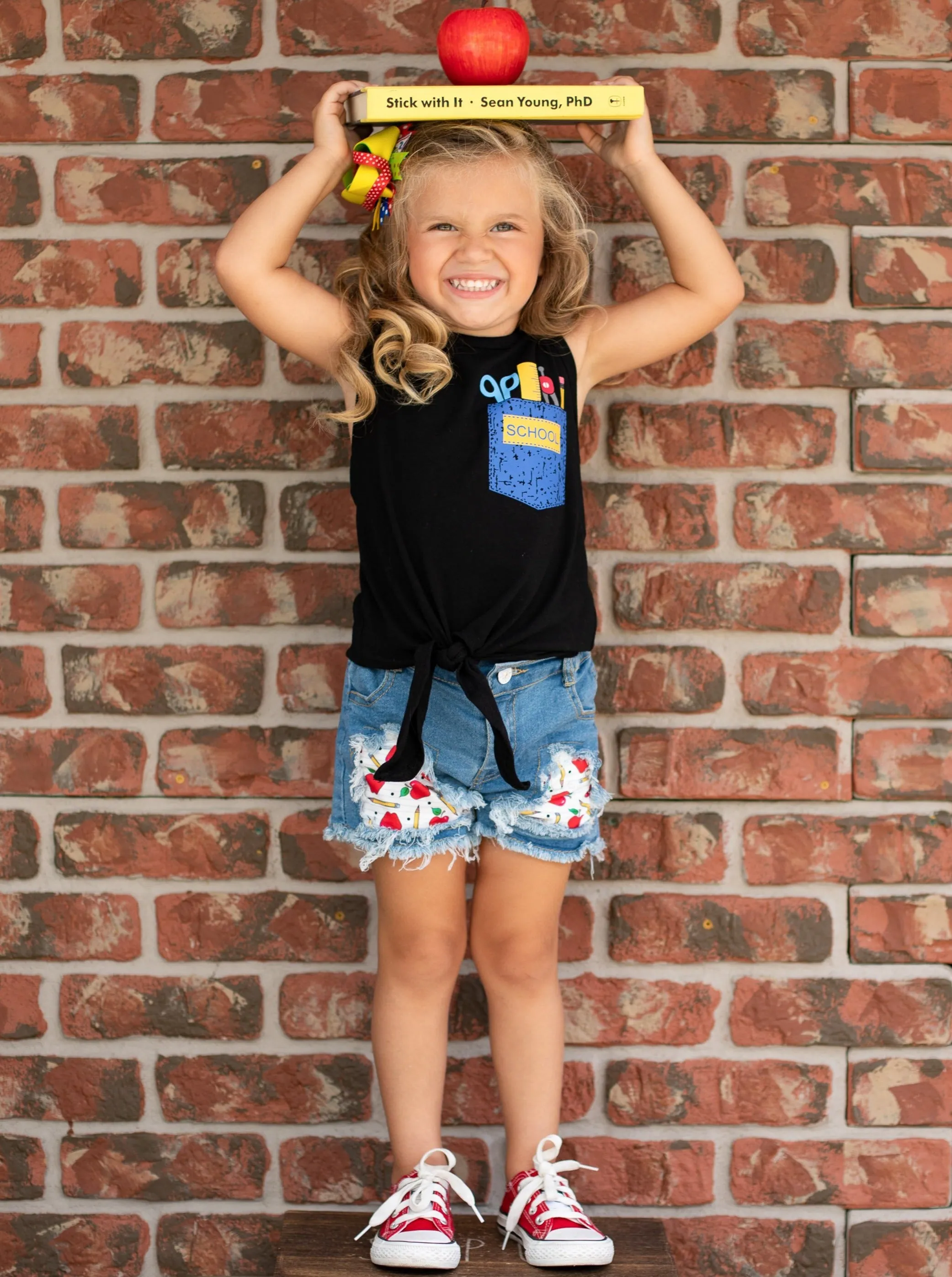 School Ready Patched Denim Shorts Set
