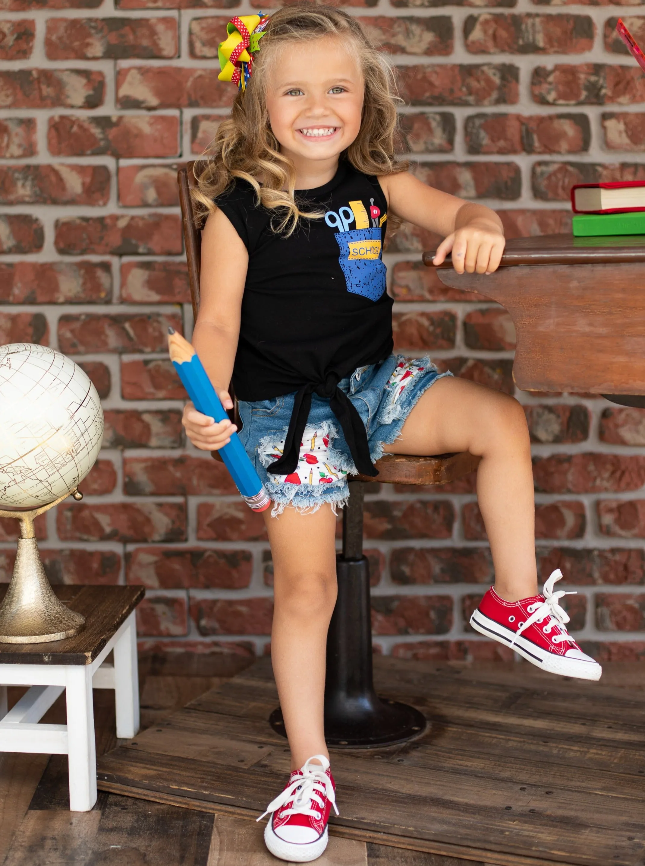 School Ready Patched Denim Shorts Set