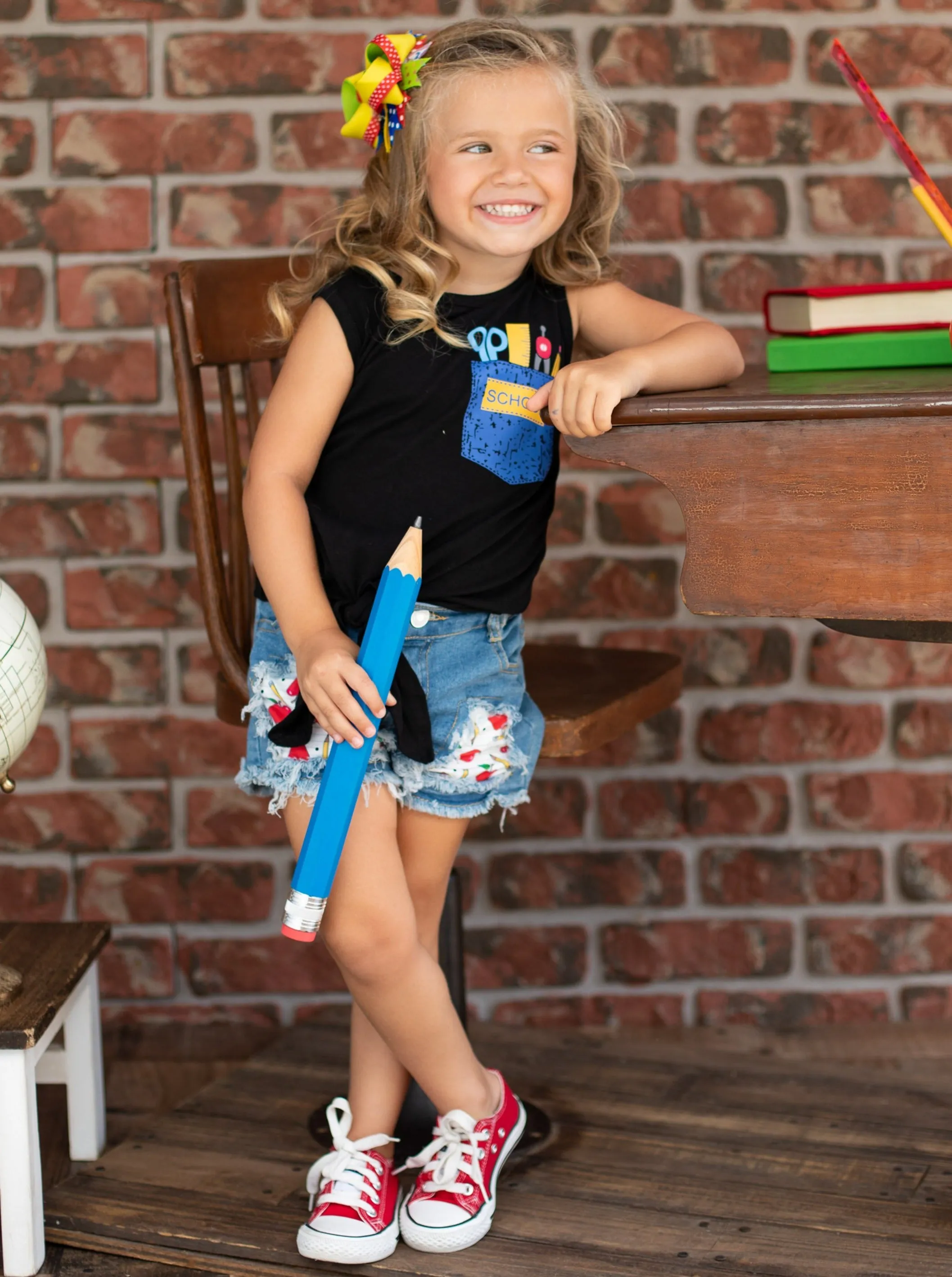 School Ready Patched Denim Shorts Set