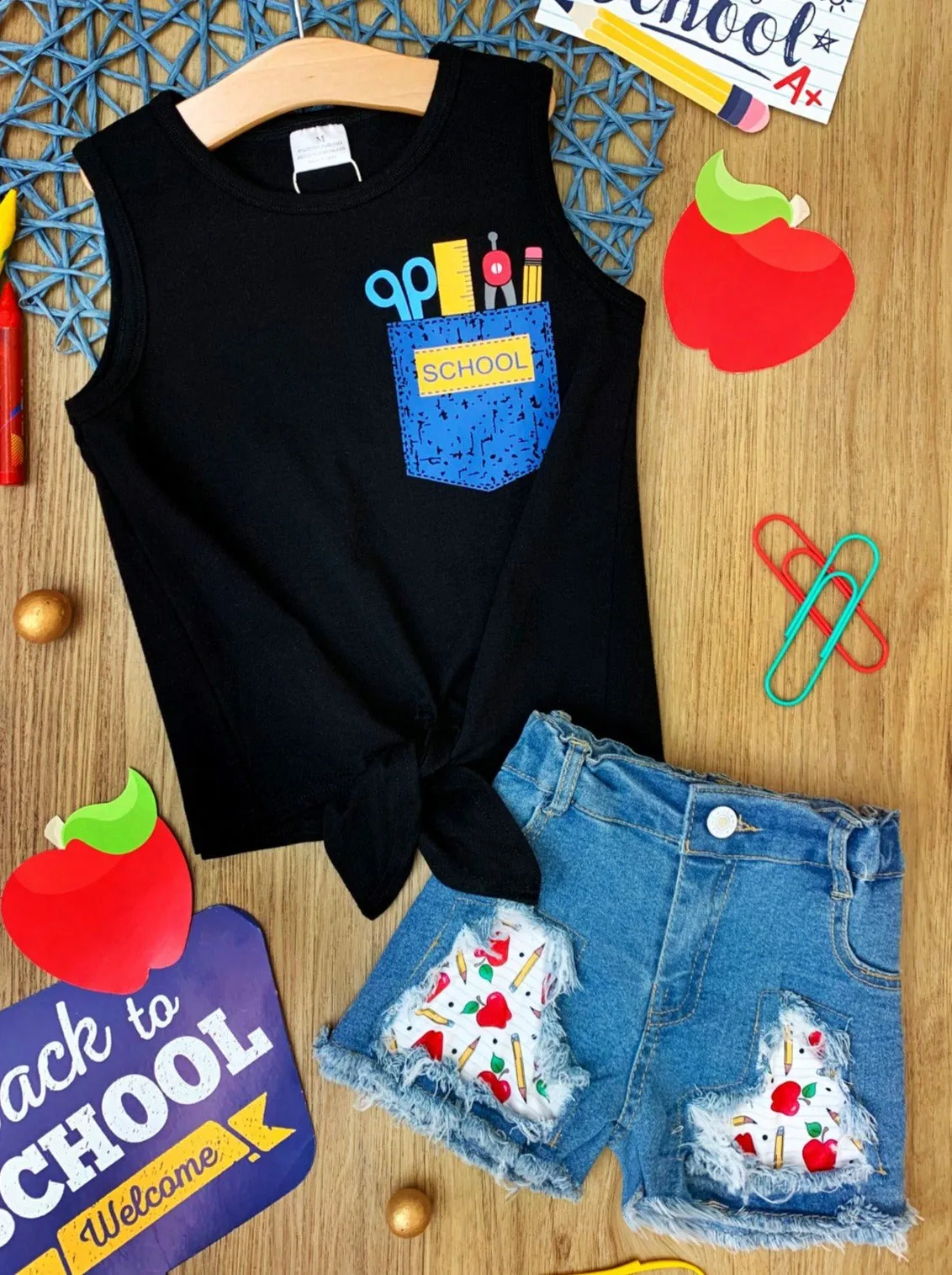 School Ready Patched Denim Shorts Set