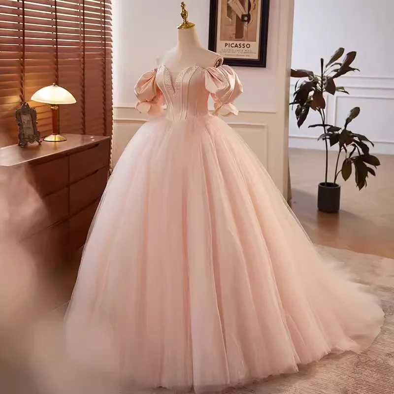 Vintage Ball Gown Off The Shoulder Blush Pink Tulle Sweet 16 Dresses B106