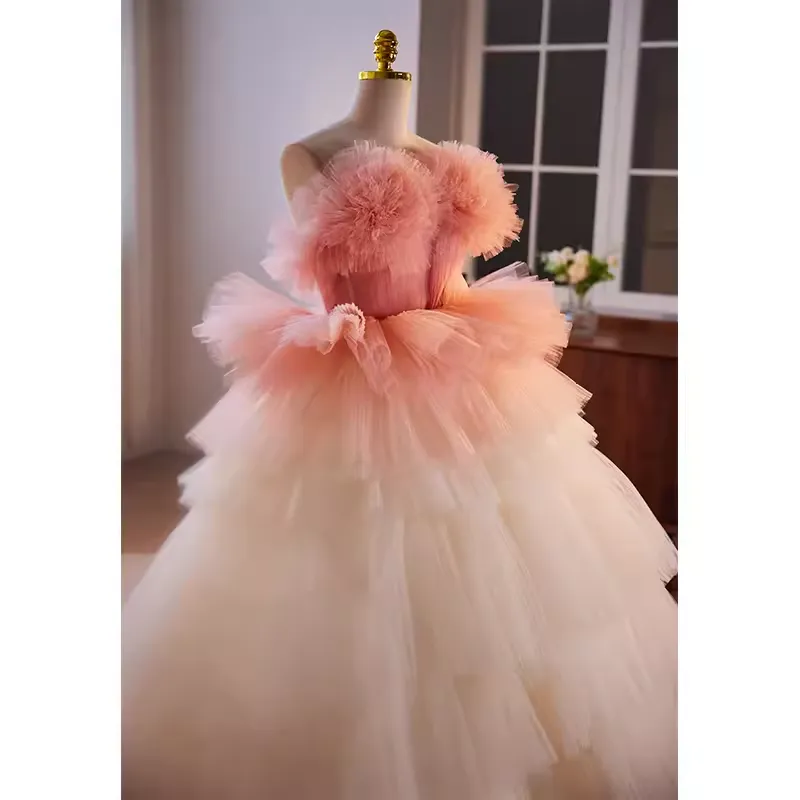 Vintage Ball Gown Strapless Ombre Pink Tulle Florwers Sweet 16 Dresses B109