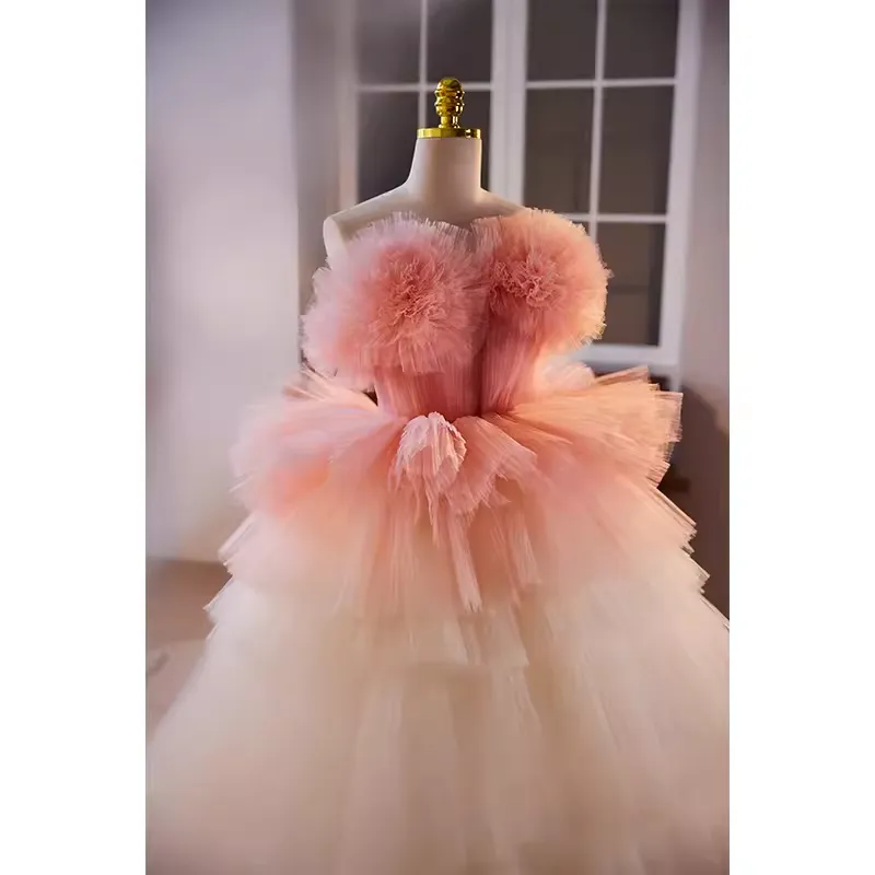 Vintage Ball Gown Strapless Ombre Pink Tulle Florwers Sweet 16 Dresses B109