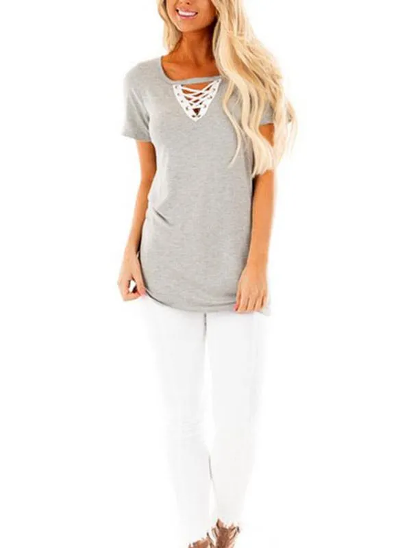 Wholesale Causal V-Neck Lace-up T-shirt