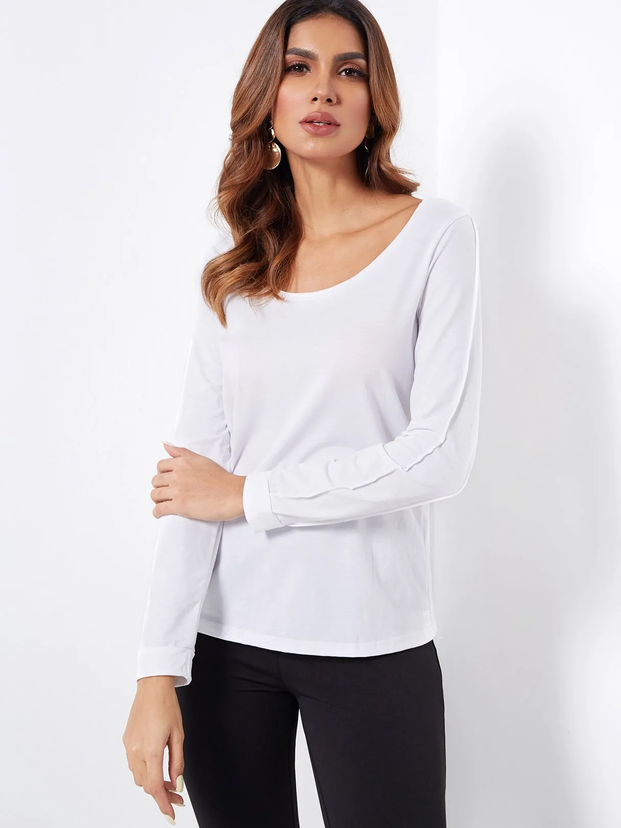 Wholesale Round Neck Plain Long Sleeve White Tee