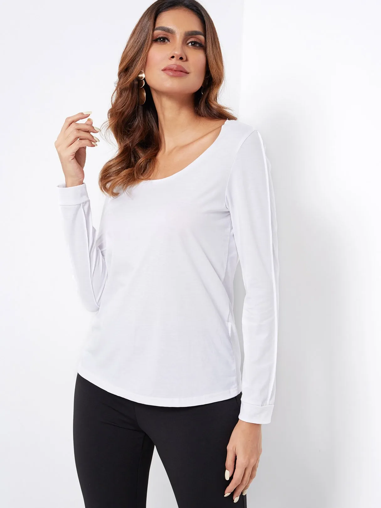 Wholesale Round Neck Plain Long Sleeve White Tee